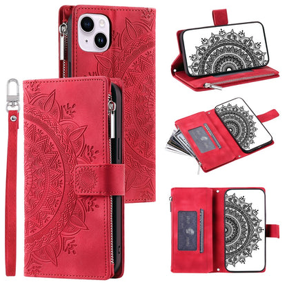 For iPhone 15 Plus Zipper Wallet Leather Phone Case Mandala Flower Imprinted Stand Card Holder Cover with Strap