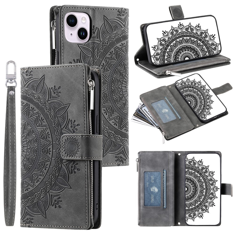 For iPhone 15 Plus Zipper Wallet Leather Phone Case Mandala Flower Imprinted Stand Card Holder Cover with Strap