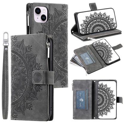 For iPhone 15 Plus Zipper Wallet Leather Phone Case Mandala Flower Imprinted Stand Card Holder Cover with Strap