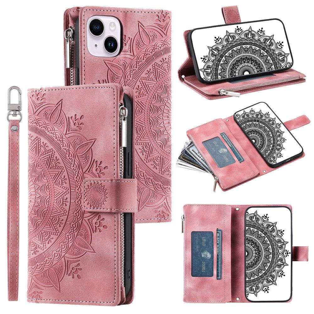 For iPhone 15 Plus Zipper Wallet Leather Phone Case Mandala Flower Imprinted Stand Card Holder Cover with Strap