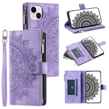 For iPhone 15 Plus Zipper Wallet Leather Phone Case Mandala Flower Imprinted Stand Card Holder Cover with Strap