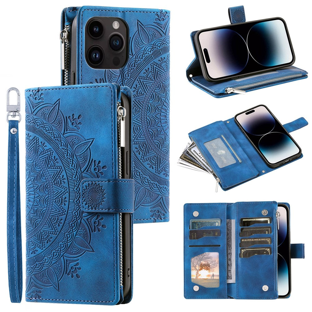 For iPhone 15 Pro Mandala Flower Imprinted Leather Case Card Slots Zipper Pocket Stand Phone Cover with Strap