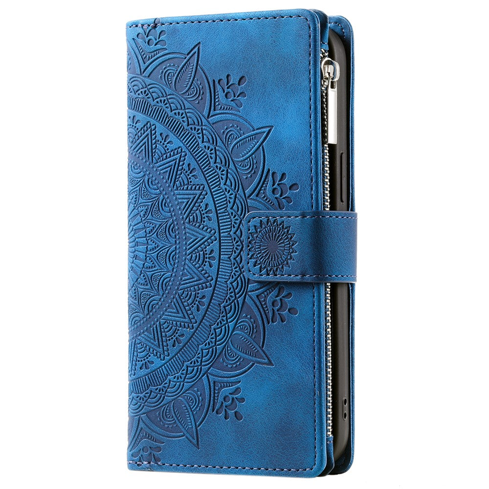 For iPhone 15 Pro Mandala Flower Imprinted Leather Case Card Slots Zipper Pocket Stand Phone Cover with Strap