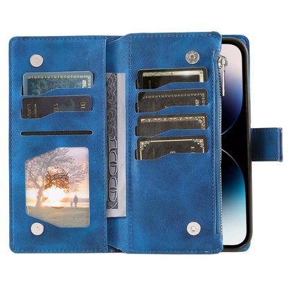 For iPhone 15 Pro Mandala Flower Imprinted Leather Case Card Slots Zipper Pocket Stand Phone Cover with Strap