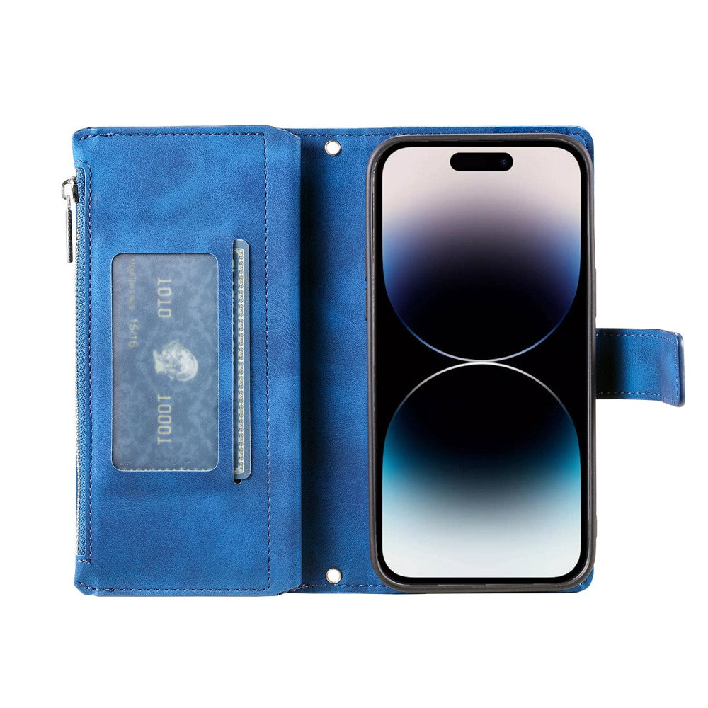 For iPhone 15 Pro Mandala Flower Imprinted Leather Case Card Slots Zipper Pocket Stand Phone Cover with Strap