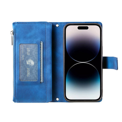 For iPhone 15 Pro Mandala Flower Imprinted Leather Case Card Slots Zipper Pocket Stand Phone Cover with Strap