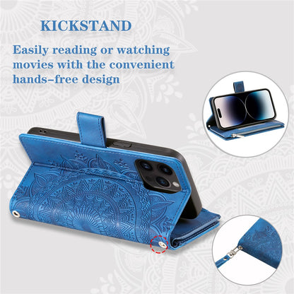 For iPhone 15 Pro Mandala Flower Imprinted Leather Case Card Slots Zipper Pocket Stand Phone Cover with Strap