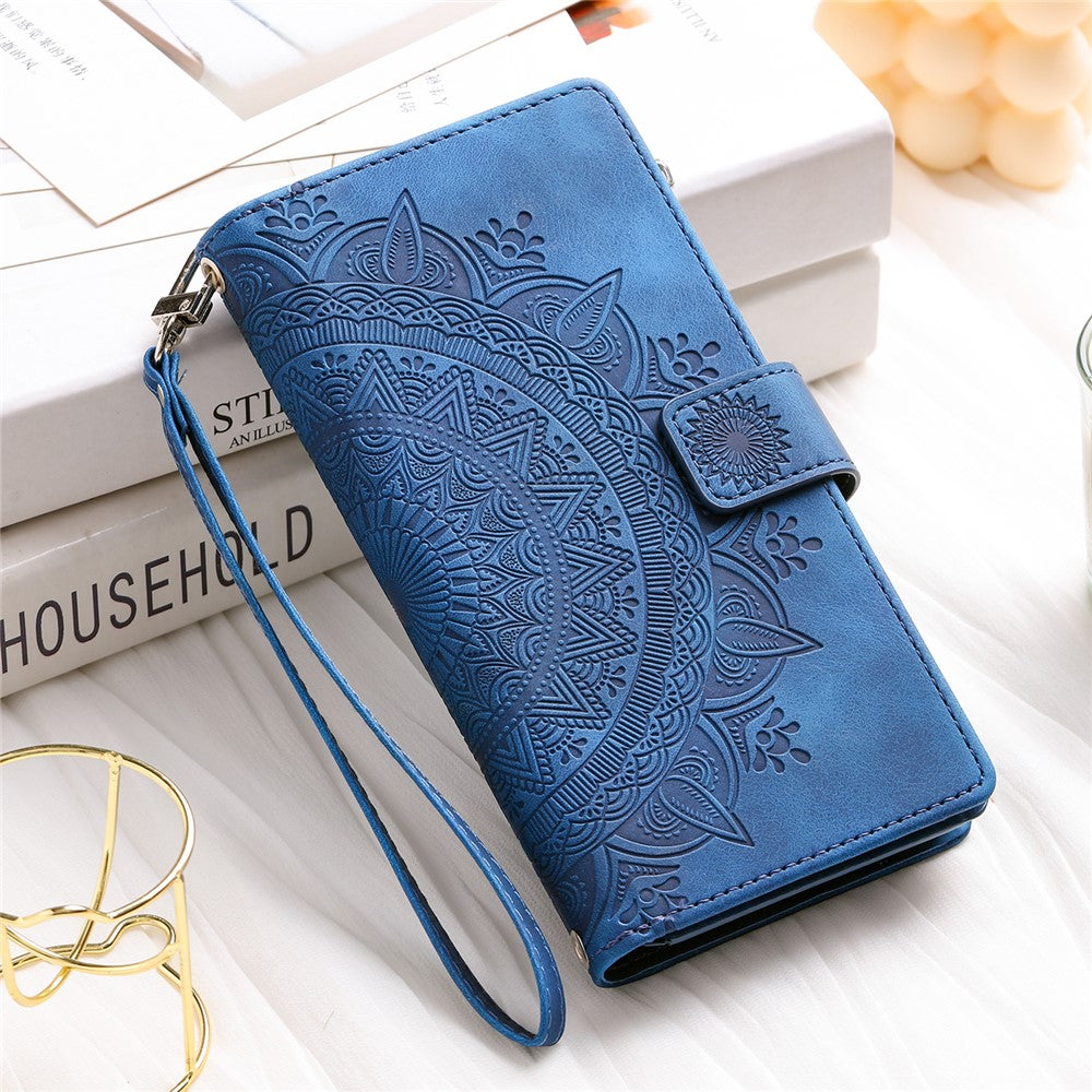 For iPhone 15 Pro Mandala Flower Imprinted Leather Case Card Slots Zipper Pocket Stand Phone Cover with Strap