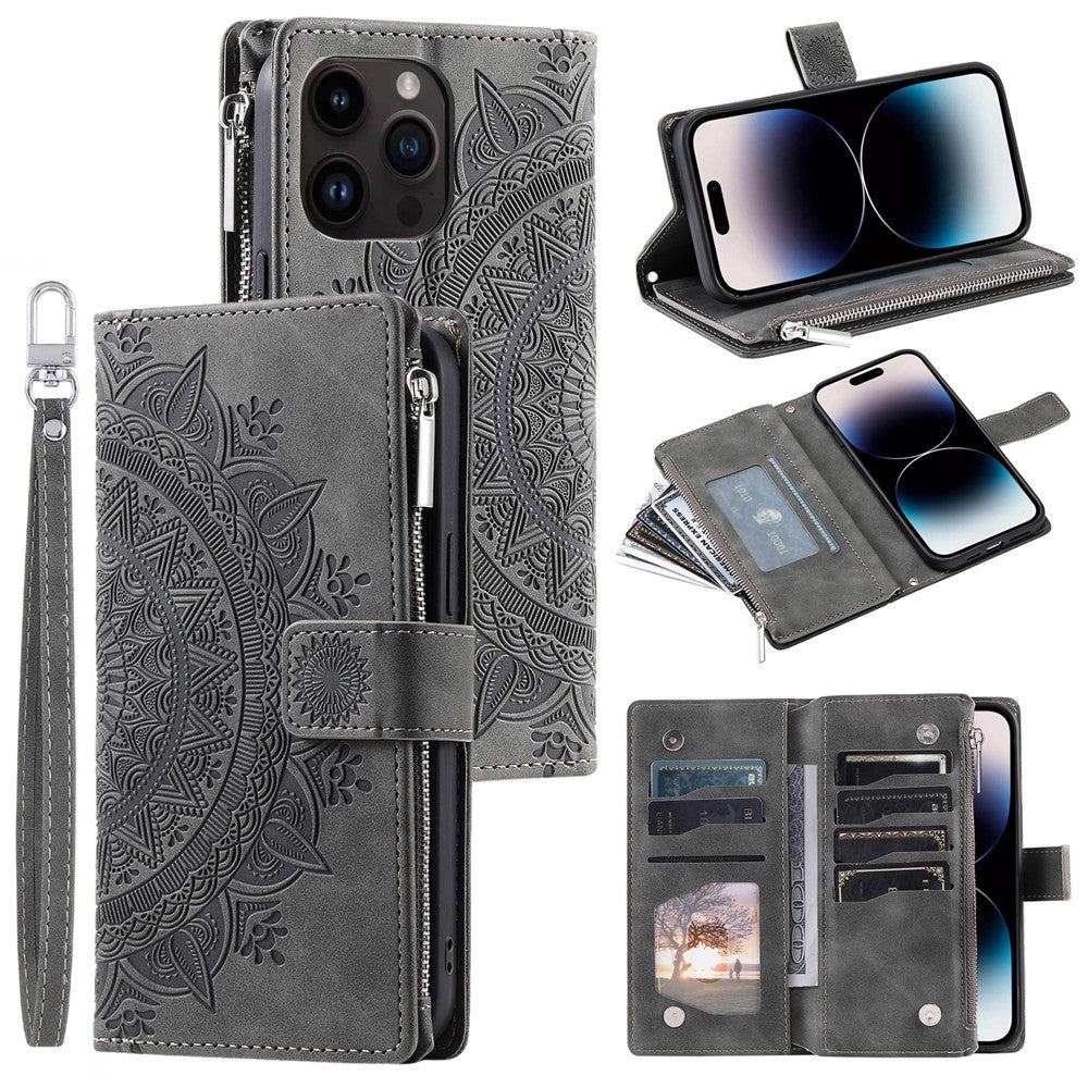 For iPhone 15 Pro Mandala Flower Imprinted Leather Case Card Slots Zipper Pocket Stand Phone Cover with Strap