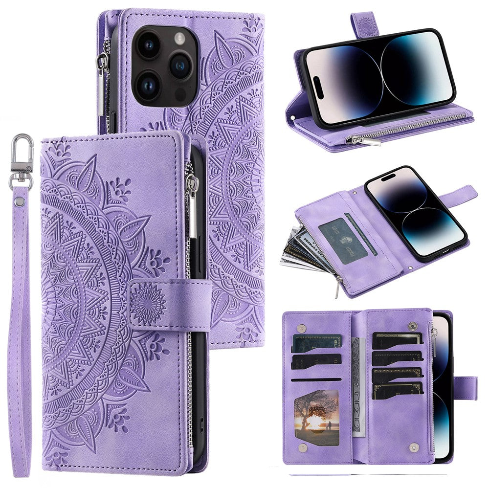 For iPhone 15 Pro Mandala Flower Imprinted Leather Case Card Slots Zipper Pocket Stand Phone Cover with Strap