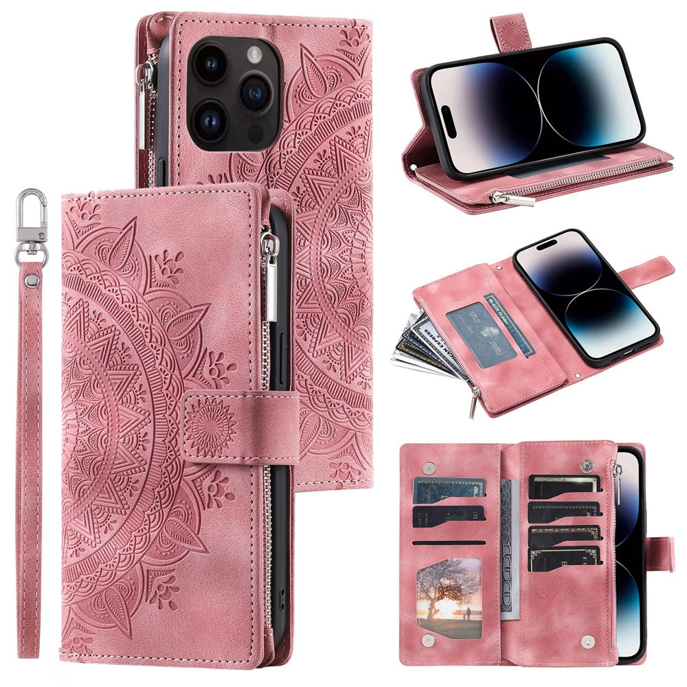 For iPhone 15 Pro Mandala Flower Imprinted Leather Case Card Slots Zipper Pocket Stand Phone Cover with Strap