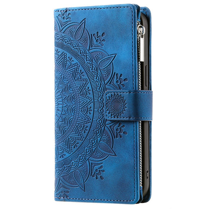 For iPhone 15 Pro Max PU Leather Mandala Flower Imprinted Card Holder Zipper Pocket Wallet Case Stand with Strap