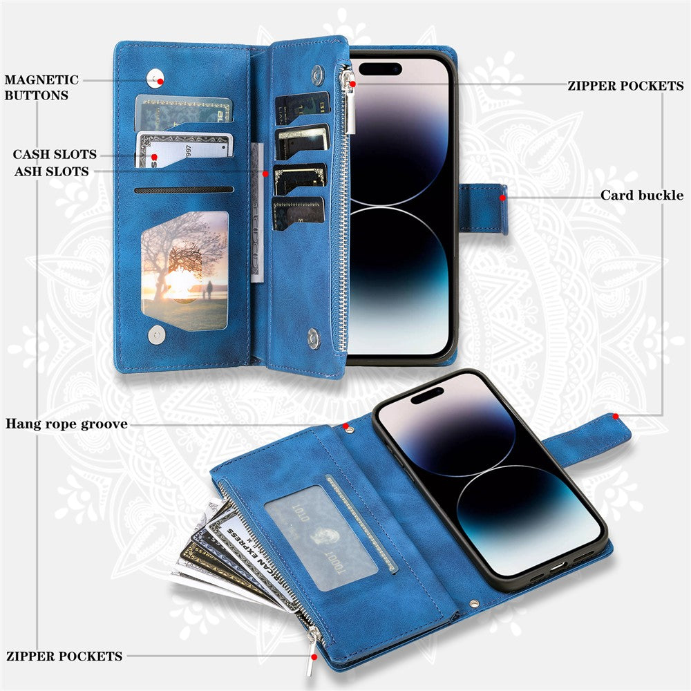 For iPhone 15 Pro Max PU Leather Mandala Flower Imprinted Card Holder Zipper Pocket Wallet Case Stand with Strap