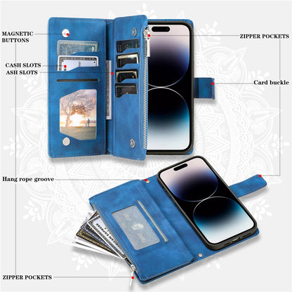 For iPhone 15 Pro Max PU Leather Mandala Flower Imprinted Card Holder Zipper Pocket Wallet Case Stand with Strap