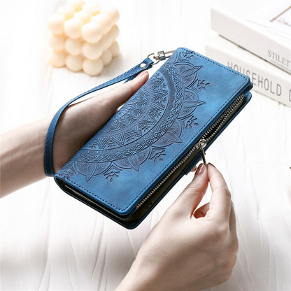 For iPhone 15 Pro Max PU Leather Mandala Flower Imprinted Card Holder Zipper Pocket Wallet Case Stand with Strap