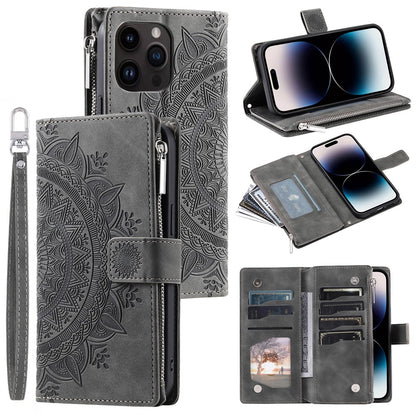 For iPhone 15 Pro Max PU Leather Mandala Flower Imprinted Card Holder Zipper Pocket Wallet Case Stand with Strap