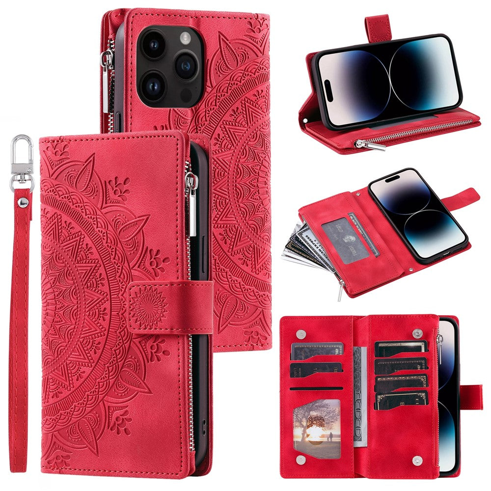 For iPhone 15 Pro Max PU Leather Mandala Flower Imprinted Card Holder Zipper Pocket Wallet Case Stand with Strap