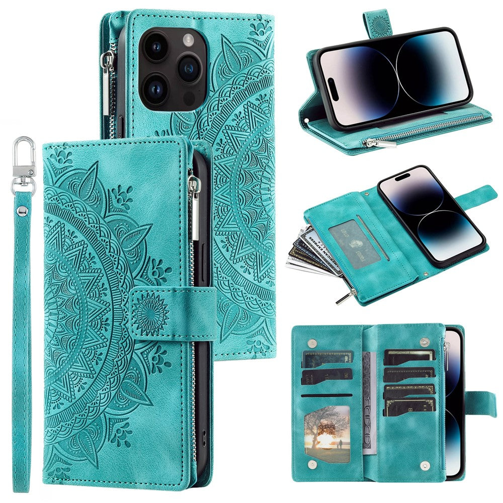 For iPhone 15 Pro Max PU Leather Mandala Flower Imprinted Card Holder Zipper Pocket Wallet Case Stand with Strap