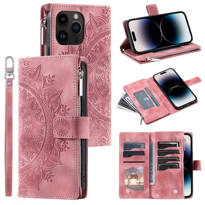 For iPhone 15 Pro Max PU Leather Mandala Flower Imprinted Card Holder Zipper Pocket Wallet Case Stand with Strap