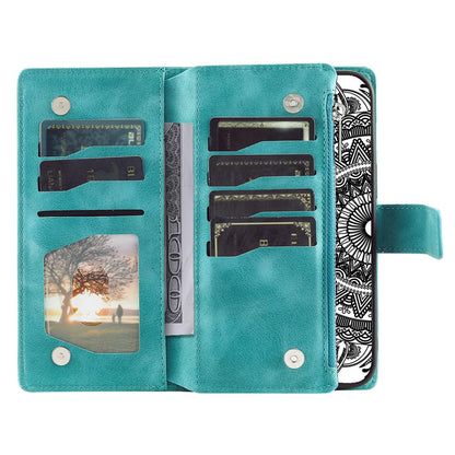 Mandala Flower Imprinted PU Leather Cover for iPhone 15 Zipper Pocket Anti-Drop Wallet Phone Case with Strap