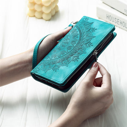 Mandala Flower Imprinted PU Leather Cover for iPhone 15 Zipper Pocket Anti-Drop Wallet Phone Case with Strap