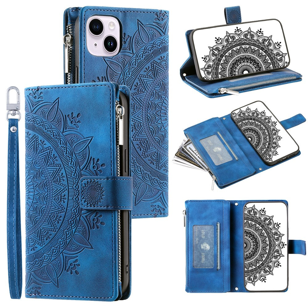 Mandala Flower Imprinted PU Leather Cover for iPhone 15 Zipper Pocket Anti-Drop Wallet Phone Case with Strap