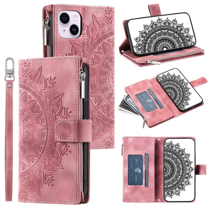 Mandala Flower Imprinted PU Leather Cover for iPhone 15 Zipper Pocket Anti-Drop Wallet Phone Case with Strap