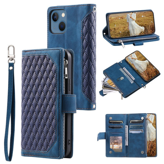 For iPhone 15 Anti-Dust PU Leather Phone Case Rhombus Texture Zipper Wallet Cover with Strap