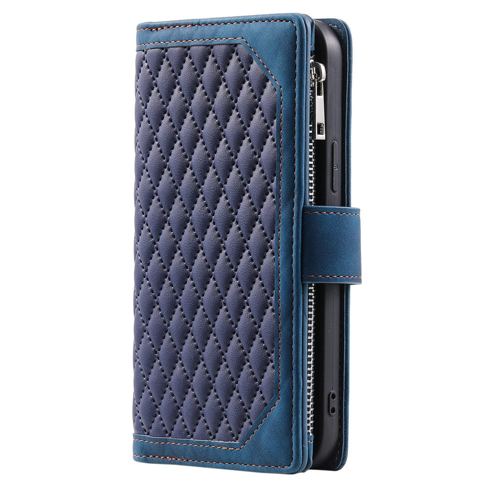 For iPhone 15 Anti-Dust PU Leather Phone Case Rhombus Texture Zipper Wallet Cover with Strap
