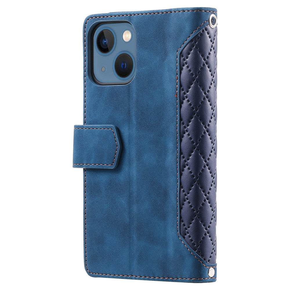 For iPhone 15 Anti-Dust PU Leather Phone Case Rhombus Texture Zipper Wallet Cover with Strap