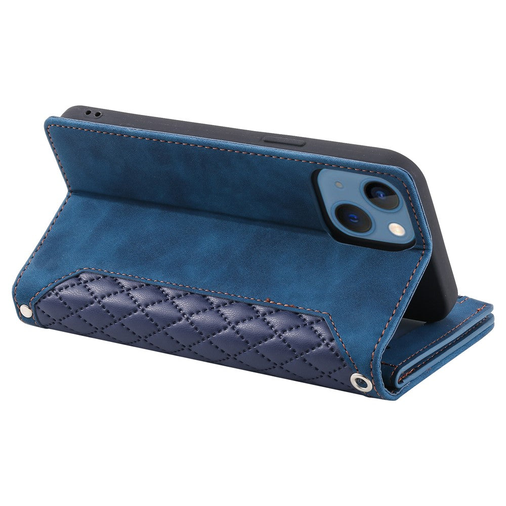 For iPhone 15 Anti-Dust PU Leather Phone Case Rhombus Texture Zipper Wallet Cover with Strap