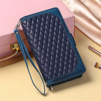 For iPhone 15 Anti-Dust PU Leather Phone Case Rhombus Texture Zipper Wallet Cover with Strap