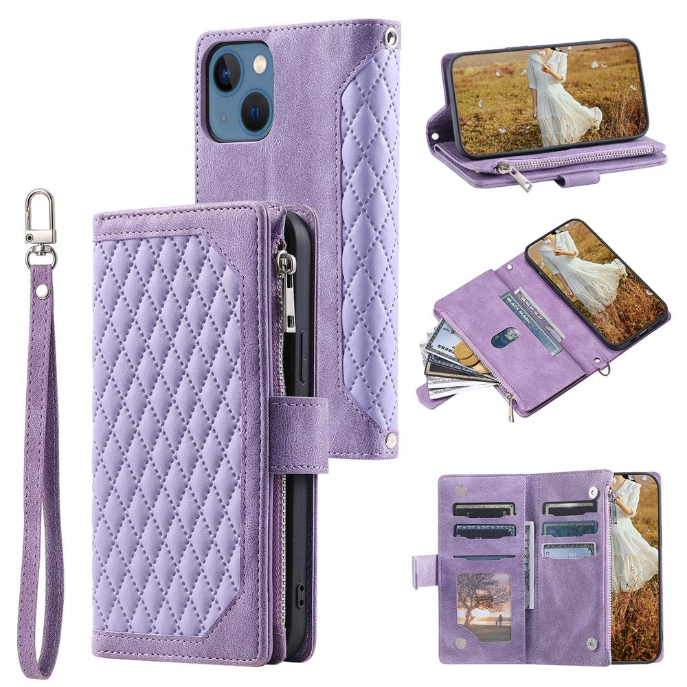 For iPhone 15 Anti-Dust PU Leather Phone Case Rhombus Texture Zipper Wallet Cover with Strap