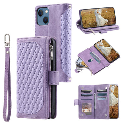 For iPhone 15 Anti-Dust PU Leather Phone Case Rhombus Texture Zipper Wallet Cover with Strap
