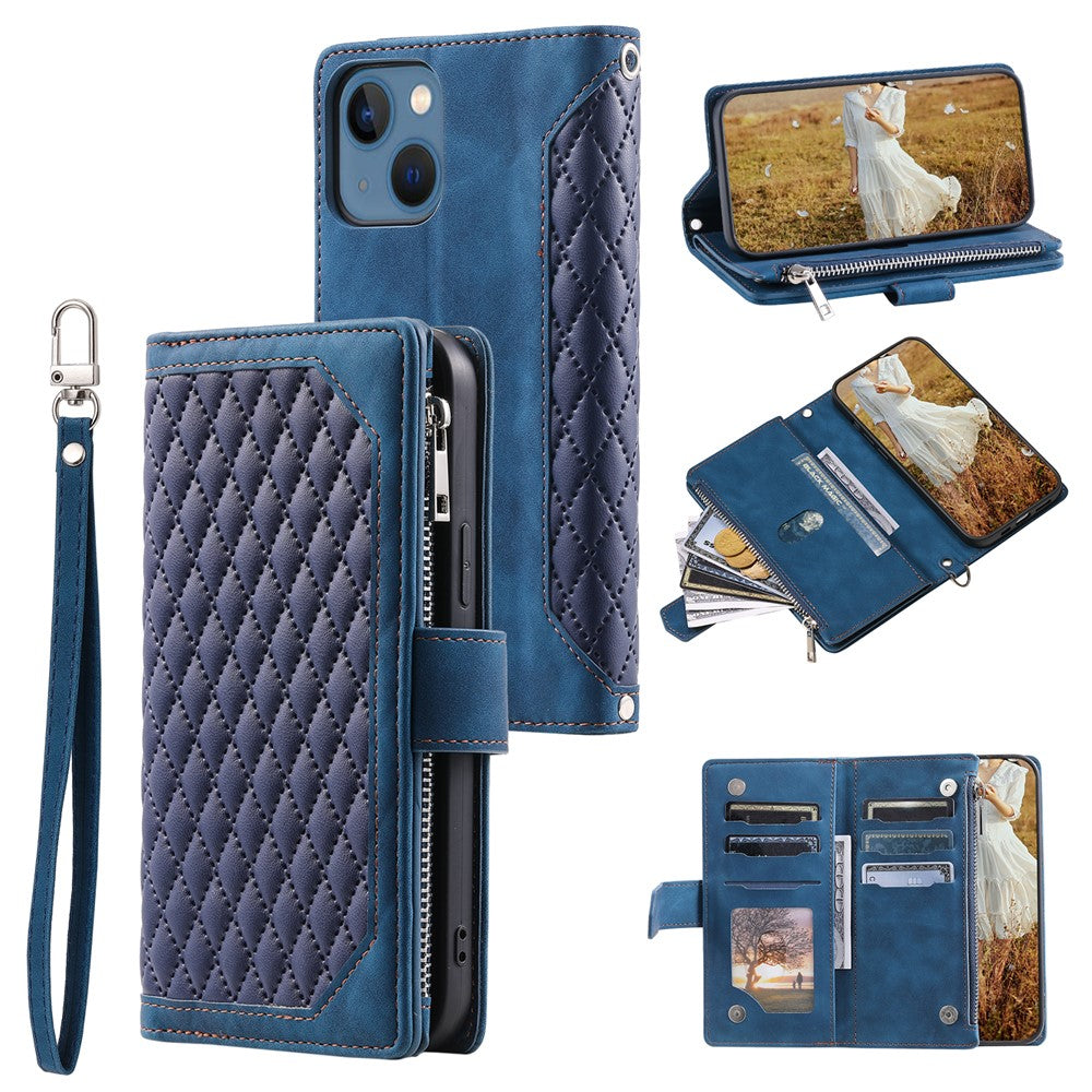 For iPhone 15 Plus PU Leather Phone Case Rhombus Pattern Imprinted Zipper Pocket Wallet Stand Cover with Strap