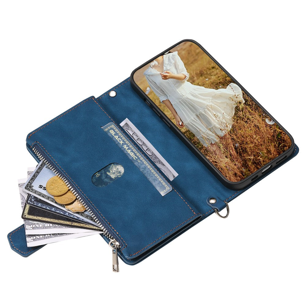 For iPhone 15 Plus PU Leather Phone Case Rhombus Pattern Imprinted Zipper Pocket Wallet Stand Cover with Strap