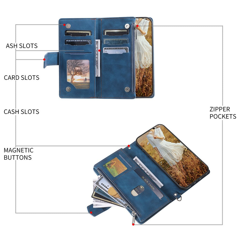 For iPhone 15 Plus PU Leather Phone Case Rhombus Pattern Imprinted Zipper Pocket Wallet Stand Cover with Strap