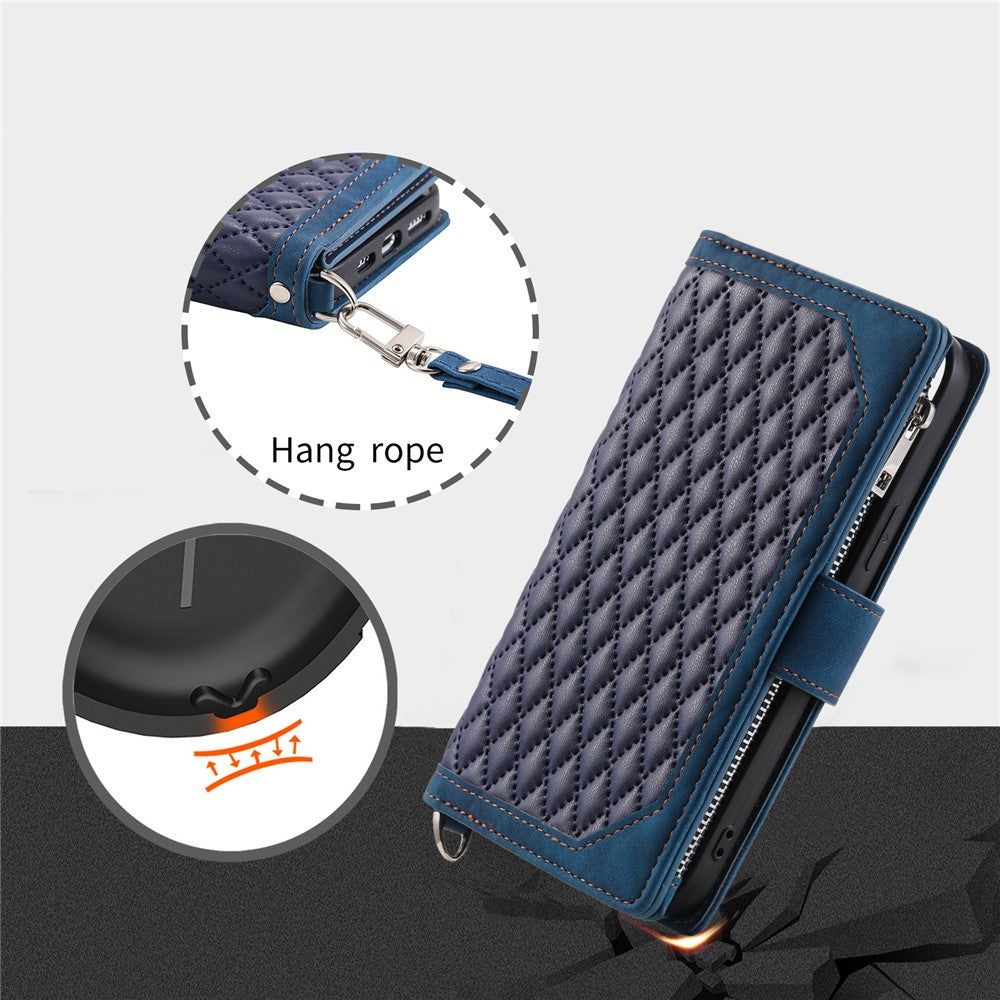 For iPhone 15 Plus PU Leather Phone Case Rhombus Pattern Imprinted Zipper Pocket Wallet Stand Cover with Strap