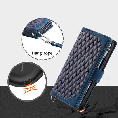 For iPhone 15 Plus PU Leather Phone Case Rhombus Pattern Imprinted Zipper Pocket Wallet Stand Cover with Strap