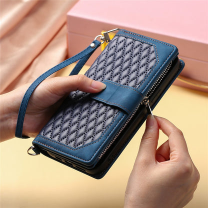 For iPhone 15 Plus PU Leather Phone Case Rhombus Pattern Imprinted Zipper Pocket Wallet Stand Cover with Strap
