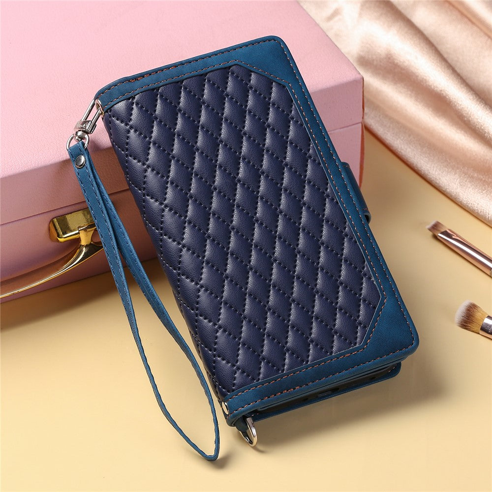 For iPhone 15 Plus PU Leather Phone Case Rhombus Pattern Imprinted Zipper Pocket Wallet Stand Cover with Strap