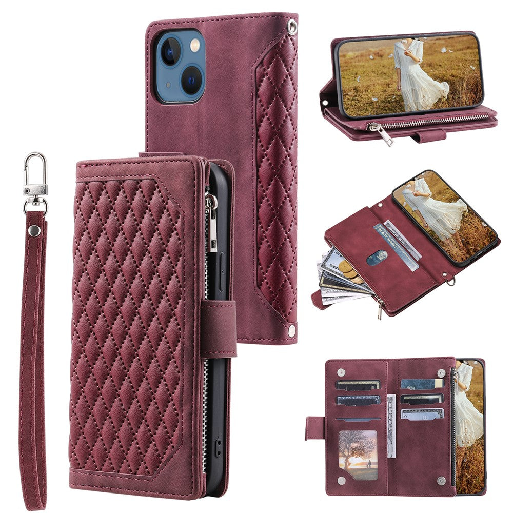 For iPhone 15 Plus PU Leather Phone Case Rhombus Pattern Imprinted Zipper Pocket Wallet Stand Cover with Strap