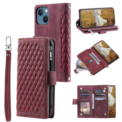 For iPhone 15 Plus PU Leather Phone Case Rhombus Pattern Imprinted Zipper Pocket Wallet Stand Cover with Strap