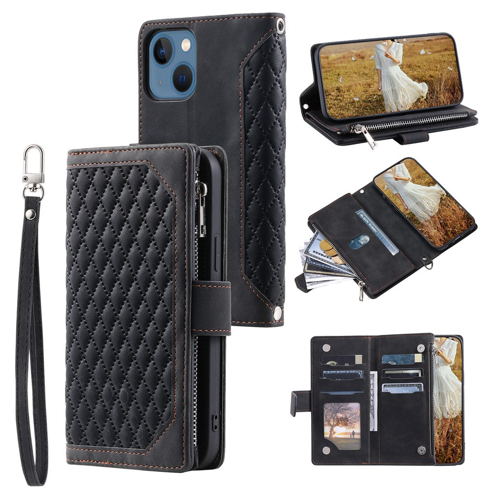 For iPhone 15 Plus PU Leather Phone Case Rhombus Pattern Imprinted Zipper Pocket Wallet Stand Cover with Strap