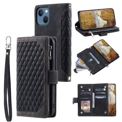 For iPhone 15 Plus PU Leather Phone Case Rhombus Pattern Imprinted Zipper Pocket Wallet Stand Cover with Strap