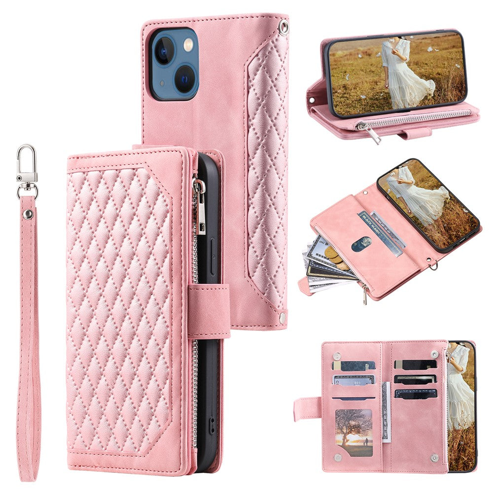 For iPhone 15 Plus PU Leather Phone Case Rhombus Pattern Imprinted Zipper Pocket Wallet Stand Cover with Strap