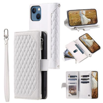 For iPhone 15 Plus PU Leather Phone Case Rhombus Pattern Imprinted Zipper Pocket Wallet Stand Cover with Strap