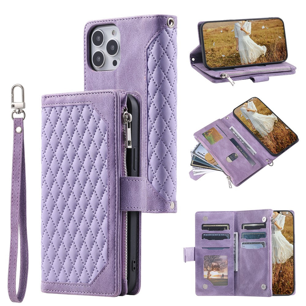 Zippered Wallet Phone Cover for iPhone 15 Pro PU Leather Flip Cover Rhombus Texture Anti-Drop Phone Case with Strap
