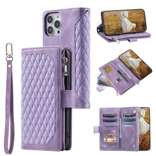 Zippered Wallet Phone Cover for iPhone 15 Pro PU Leather Flip Cover Rhombus Texture Anti-Drop Phone Case with Strap