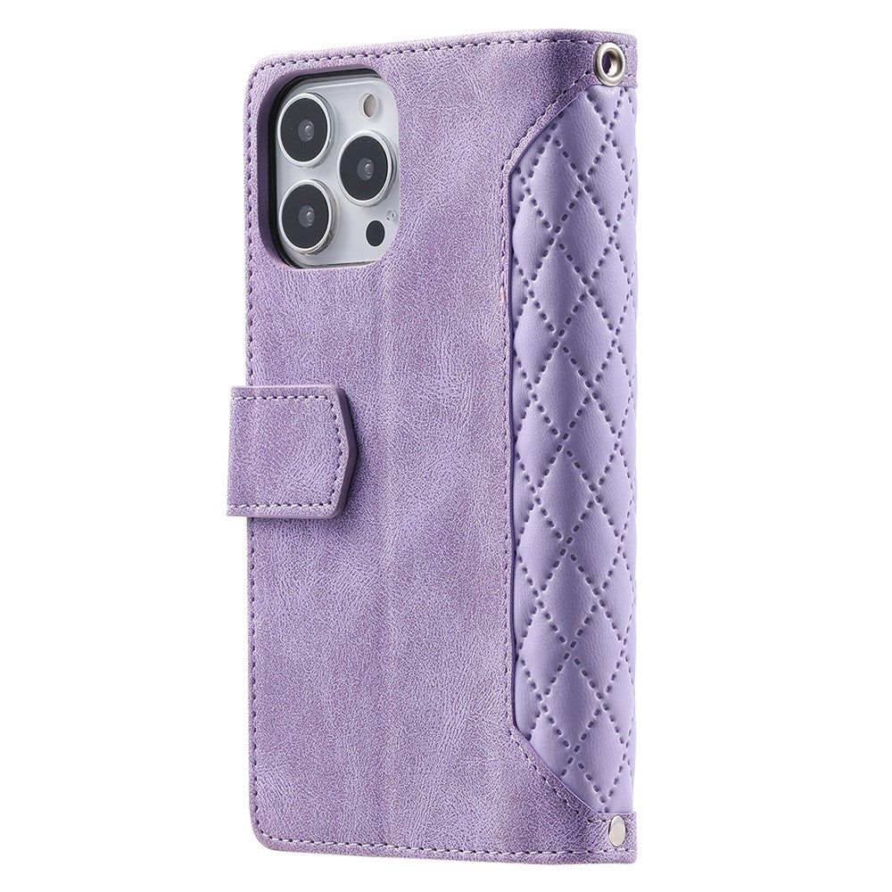 Zippered Wallet Phone Cover for iPhone 15 Pro PU Leather Flip Cover Rhombus Texture Anti-Drop Phone Case with Strap